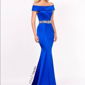 Ashley Lauren blue off the shoulder prom dress